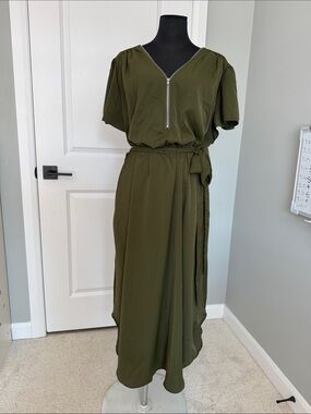 BloomChic Olive Zip-Front Belted Maxi Dress